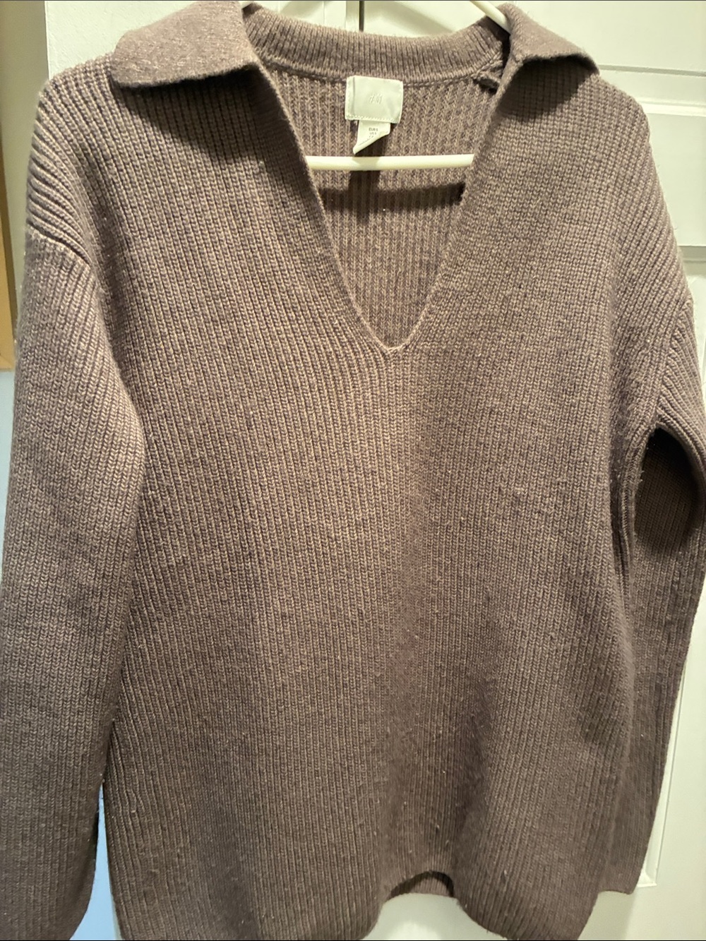 H&M Taupe Collared V-Neck Rib-Knit Sweater
